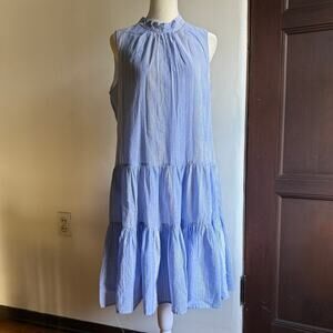 CALVIN KLEIN | Blue and White Cotton Striped Tiered Mock Neck Tie Back Dress | 8